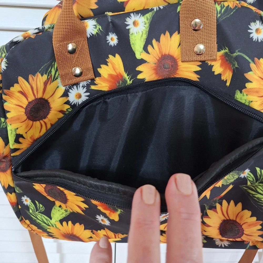 Sunflower Floral Print Crossbody Bag Black Yellow Canvas Satchel Tote Handbag